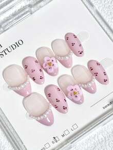 10片装日常法式ins风可爱甜美Y2K手绘粉色豹纹3D立体五瓣小花珍珠金珠短杏仁形可佩戴美甲贴纸，优雅艺术美甲按压式美甲贴片 - 粉色 - 查看 1