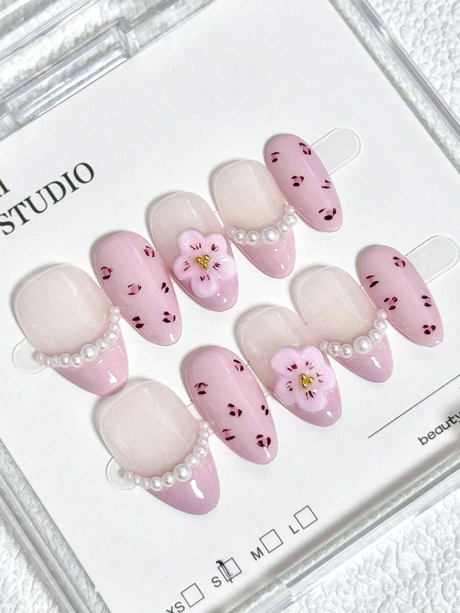 10片装日常法式ins风可爱甜美Y2K手绘粉色豹纹3D立体五瓣小花珍珠金珠短杏仁形可佩戴美甲贴纸，优雅艺术美甲按压式美甲贴片 - 粉色 - 查看 1