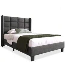 Upholstered Bed With Its Upholstered Headboard, Single Bed With Slatted Base, 90x200cm, In Linen, Medium Firm (With Spring Mattress) - Grey - View 11