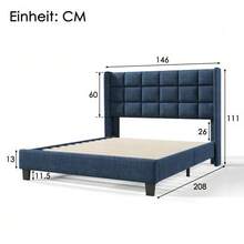 Upholstered Bed With Its Upholstered Headboard, Single Bed With Slatted Base, 90x200cm, In Linen, Medium Firm (With Spring Mattress) - Blue - View 12