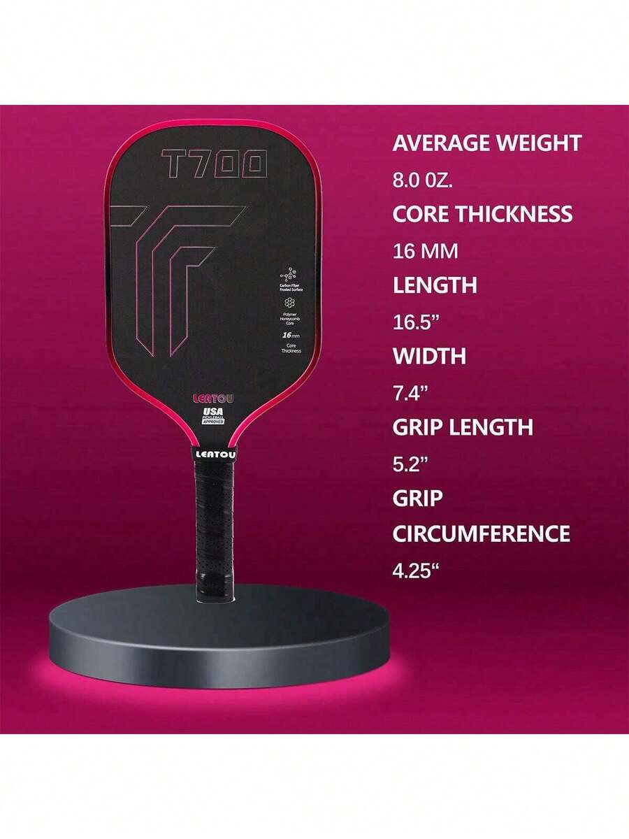 LEATOU T700 Carbon Fiber Pickball,16mm Racket PP Cellular Self-Reflection,High Rotation, High Elasticity,Comfortable Grip,Sanded Surface Layer,Protective Protective Flange,Gift A Tennis Racket Case,Suitable For Both Men And Women, High-Quality Construction. - 彩色 - 查看 1