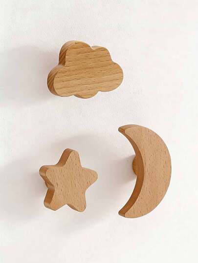 Bộ 3 móc treo tường bằng gỗ nguyên khối, móc treo quần áo, móc hình sao, trăng, mây hoạt hình, móc treo trang trí, móc phụ trợ gia đình, trang trí nhà cửa, trang trí tường.