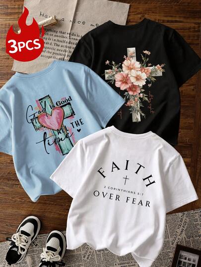 3件套“信念战胜恐惧”励志图案宽松夏季女式上衣