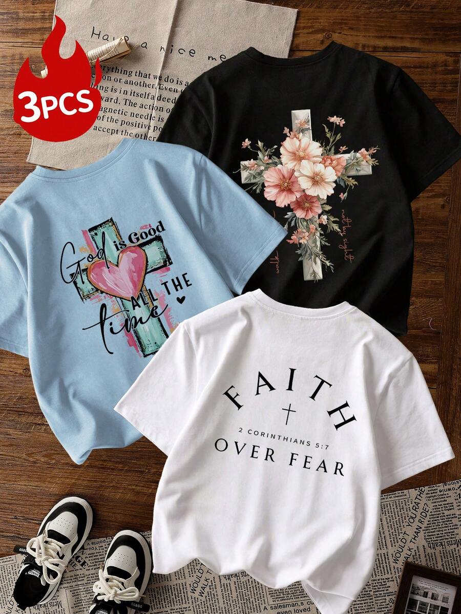 3件套“信念战胜恐惧”励志图案宽松夏季女式上衣 - 彩色 - 查看 1