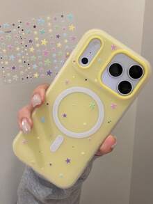 DIY Cute Heart-Shaped Bow Sticker, Matte Candy Color Magnetic Phone Case Suitable For IPhone 17 ProMax, 17 Pro, 16 ProMax, 15, 14, 13, 12 Pro Max, 11, Minimalist Cute Star 2-In-1 Anti-Fall Protective Cover - Yellow - View 1