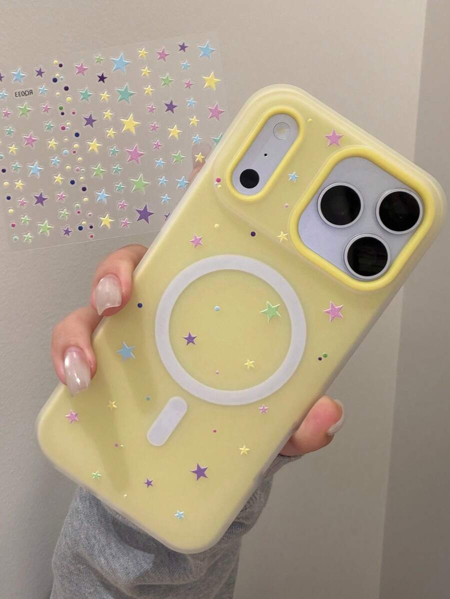 DIY Cute Heart-Shaped Bow Sticker, Matte Candy Color Magnetic Phone Case Suitable For IPhone 17 ProMax, 17 Pro, 16 ProMax, 15, 14, 13, 12 Pro Max, 11, Minimalist Cute Star 2-In-1 Anti-Fall Protective Cover - Yellow - View 1