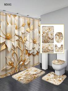 1/3/4pcs Gold Floral Print Shower Curtain Set, Minimalist Pattern, Washable Polyester Fabric, Waterproof Durable Bathroom Accessories, Includes 12 Hooks - Includes Toilet Lid Cover, Bath Mat And Rug, Home/Bedroom/Living Room/Home Decor/Summer - A - View 12