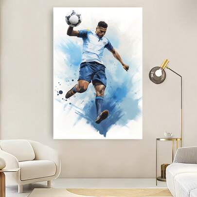 Enmarcado 2D Plano, 1 Pieza de Pintura en Lienzo Enmarcado con Temática de Fútbol - Arte de Jugador en Azul y Blanco, Póster Vertical para Decoración de Pared Exterior, Regalo para Atleta Masculino para Habitación, Cueva, Amantes (Marco Minimalista), 2D Plano
