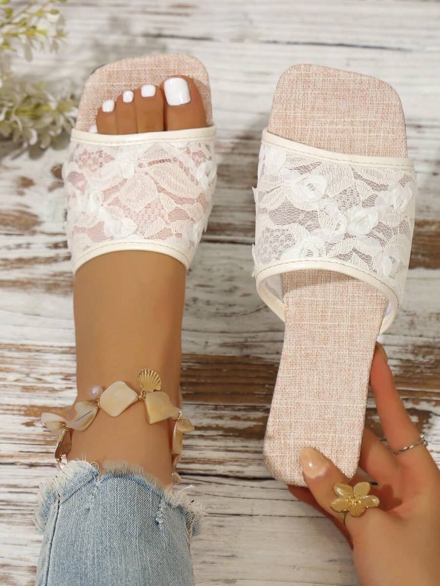Neue Sommer Flache Pantoffeln für Damen, rutschfeste Mode Zehentrenner Sandalen, Strand Flip Flops, weiche atmungsaktive Mesh Slides mit Sohle, einfarbige Boho gewebte flache Sandalen - Weiss - Übersicht 1
