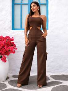 Premium Tailored Cargo Jumpsuit With Straps - Rust Brown - View 3