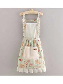Delantal de cocina para el hogar, fresco y sencillo, resistente a las manchas y al desgaste, de lona transpirable, nuevo estilo de ropa de trabajo, delantal de cintura para cocinar en estilo coreano. Delantal estilo coreano con patrones florales, lindo, reforzado, resistente al desgaste, impermeable - A - Ver 11