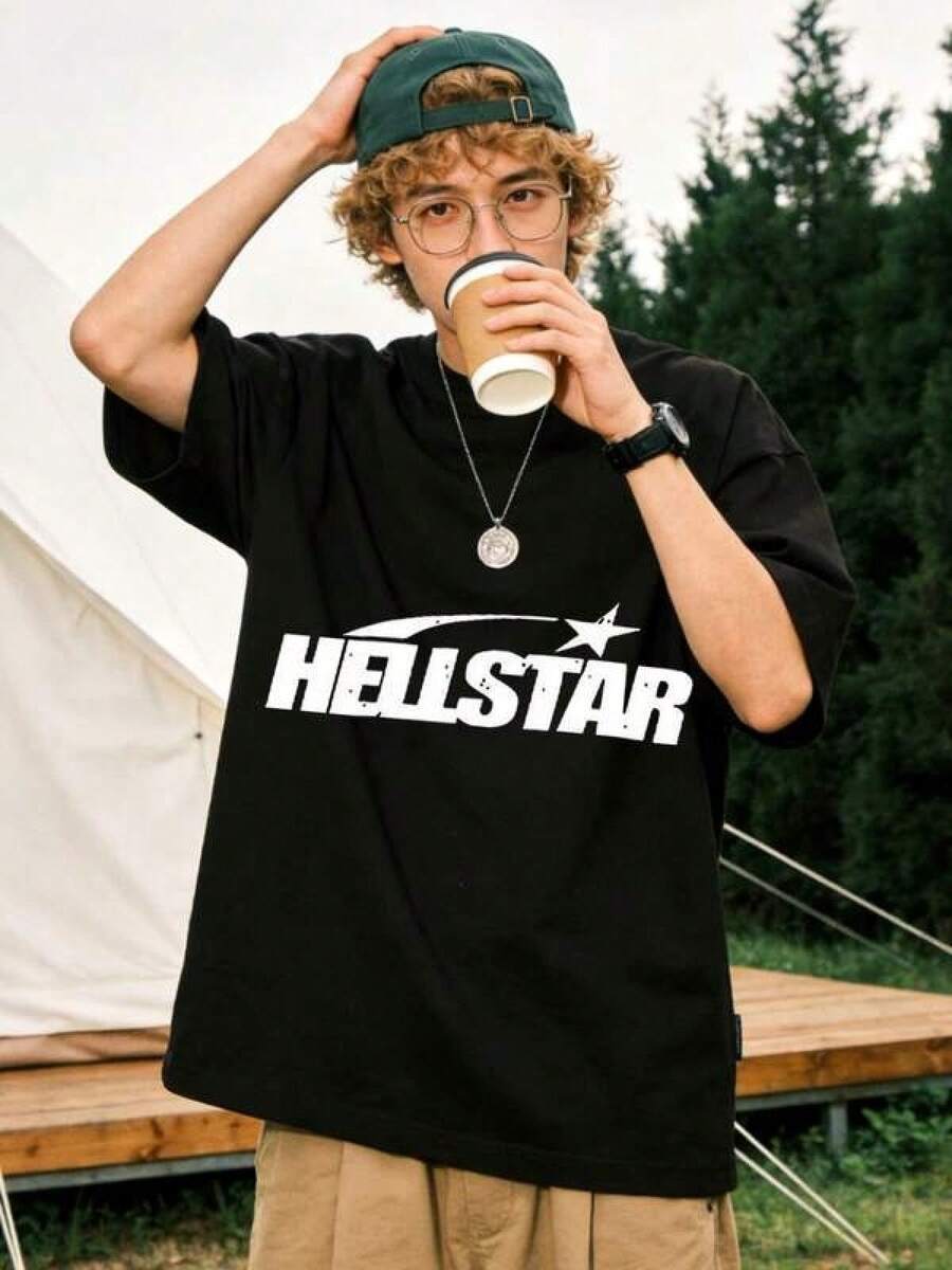 T Shirt Print ,Graphic-Cotton Tees Size Plus, Cartoon Round Neck Short Sleeve, Men's "HELLSTARs" Logo Graphic Black T-Shirt Casual Cotton Tee For Streetwear And Daily Wear, Crew Neck, Casual, Graphic Tee, Urban Style, Street Style, Daily Wear, Casual Outings, Music Events, Urban Fashion. ,Y2K,Oversized Shirt Men,With Shirt,Summer Tops,Shirt Suitable - Black - View 1