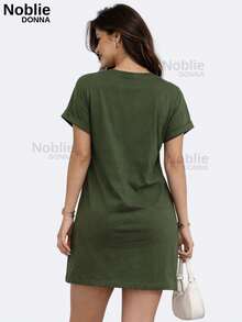 Women's Cotton T-Shirt Dress Printed Casual Loose 100% Cotton - 軍綠色 - 查看 2