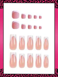 48pcs French Manicure Nail Stickers Set, Including 24pcs Medium Length Square Pressed Nail Stickers And 24pcs Toe Nail Stickers, Silver Glitter White French Style, Short Full Coverage Glossy Fake Nails Set, Comes With 2pcs Jelly Gel And 1pc Nail File, Suitable For Daily Wear Fake Nails And French Manicure Stickers, Suitable For Women And Girls Daily Use - Multicolor - View 2