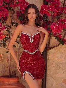ADYCE Vestido longo curto e elegante com decote em V, cintura alta, fenda e amarração, bordado com lantejoulas e strass. Ideal para bailes, festas de aniversário, jantares formais, formaturas, casamentos, coquetéis, reuniões familiares e muito mais. - Vermelho - Ver 1