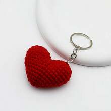 1pc Handmade Crochet Heart-Shaped Keychain, 3D Heart Couple Bag/Car Keyring Charm - Multicolor - View 5