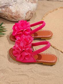 2026 Nuevas sandalias deportivas con estampado floral lindas para niños pequeños y niñas pequeñas, con correa elástica en la parte trasera, planas, antideslizantes y duraderas, adecuadas para uso diario en verano, playa, vacaciones, estilo bohemio - Rosa Fucsia - Ver 4