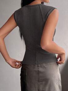 Women's Summer Clothes Tanktop Casual Ribbed Cap Sleeve Slim Fitted Knit Basic Cute Tops Tee Shirts  Fashion Vacation Clothes Dark Gray Tops For Women - 深灰色 - 查看 2