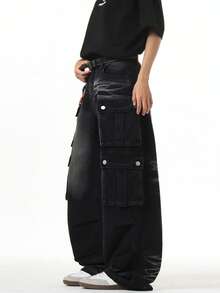 1pc Vintage American Style Men's Loose Fit Cargo Jeans, Versatile High Street Washed Distressed Design, Multi-Pocket Wide Leg Pants (Product Does Not Include Belt And Accessories) - Black - View 5