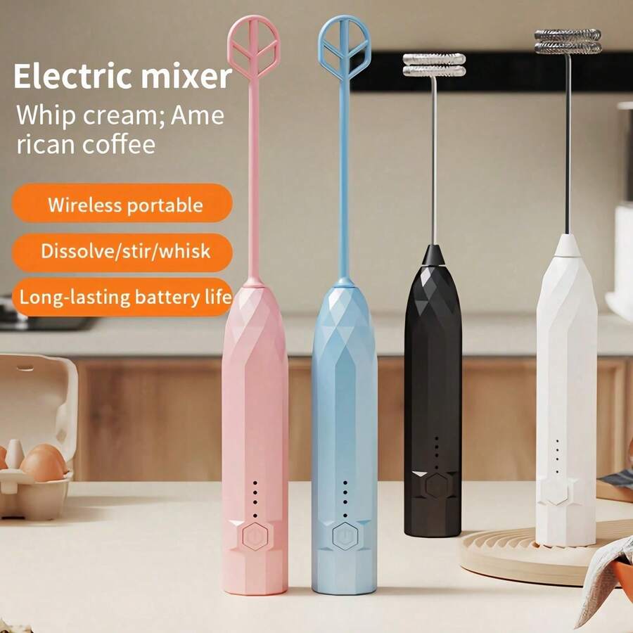 4-Color USB Rechargeable Handheld Milk Frother With 2 Whisk Heads And 3 Speed Settings, Suitable For Making Coffee And Tea At Home And Office, An Essential Cooking Tool
