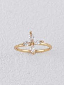 1 chiếc nhẫn hình cỏ bốn lá mạ vàng tinh tế, đính đá Cubic Zirconia cắt hình bầu dục - Trang sức nữ - Vàng - Xem 3