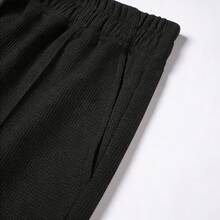 两件套黑色华夫格针织男士短袖短裤套装，半拉链立领设计，男士T恤和短裤，男士运动服，健身男友风，可机洗，适合夏季日常通勤、健身、跑步、户外运动 - 黑色 - 查看 9