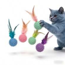Pet Feather Toy Ball With Elasticity, Interactive Cat Toy Ball, 4 Colors Soft Feather Play Ball For Kitten Cats Indoor Playing - Random Color - View 7