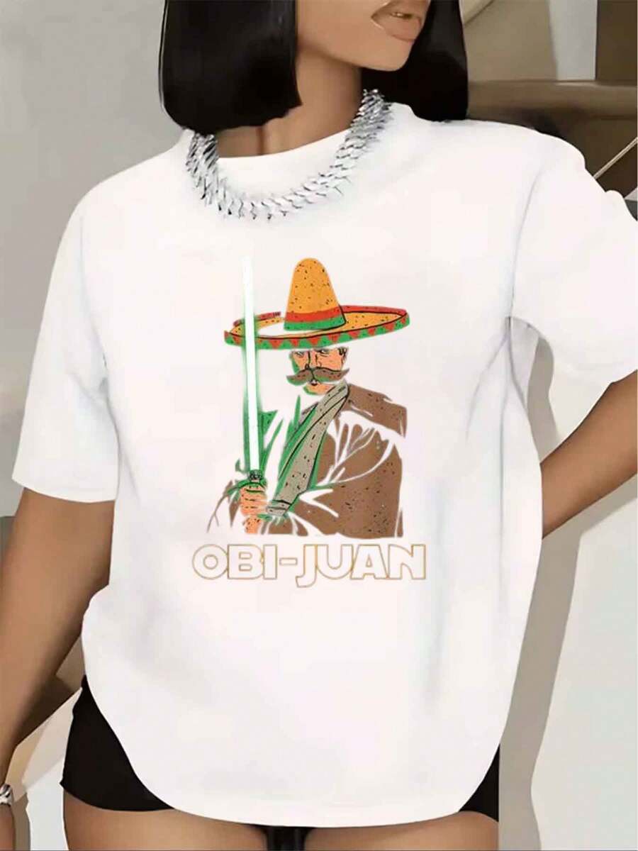 Women T Shirt Obi Juan Print With Mexican Hat And Lightsaber Short Sleeve Round Neck Casual Summer Wear For Fiesta Party 220g - White - View 1