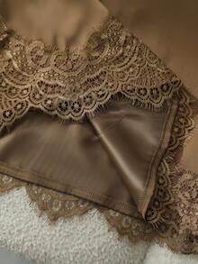 Chân váy maxi nữ màu nâu thanh lịch bằng polyester với chi tiết ren tương phản tinh tế, kiểu dáng thường ngày không co giãn, chân váy màu nâu và trang phục thường ngày mùa xuân, trang phục dự lễ hội âm nhạc. - màu nâu - Xem 5