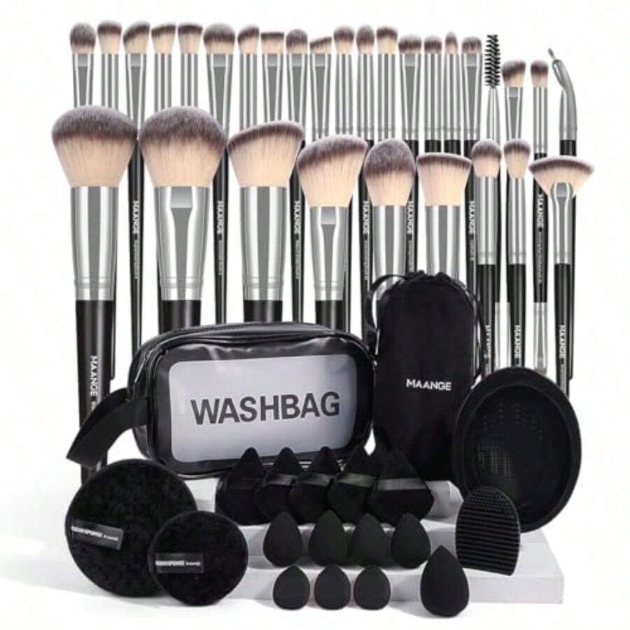 49 Piece Brochas para Maquillaje Profesional con Bolsa Set de Herramientas Maquillaje Multifuncional Kabuki Sintético Rubor Polvo Base para Viajes y Uso Diario Negro Plata - Negro Plata - Ver 1