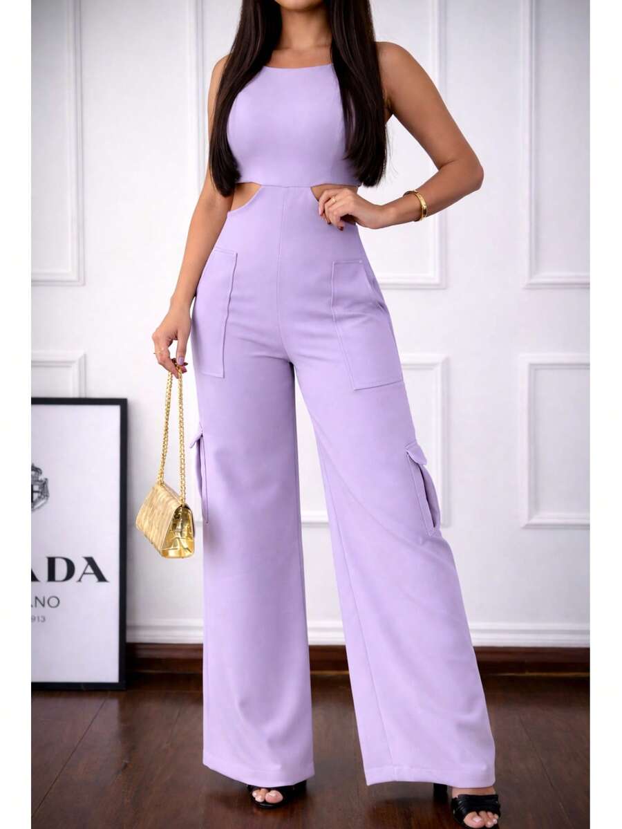 Premium Tailored Cargo Jumpsuit With Spandex Straps - Mauve Purple - View 1