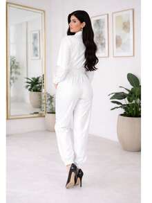 Women's Set: Long-Sleeved Blouse With Shoulder Pads And Jogger Pants In Thick Satin Crepe With Elastane, Fitted Cuffs, Stylish, Modern And Sophisticated - 白色 - 查看 2