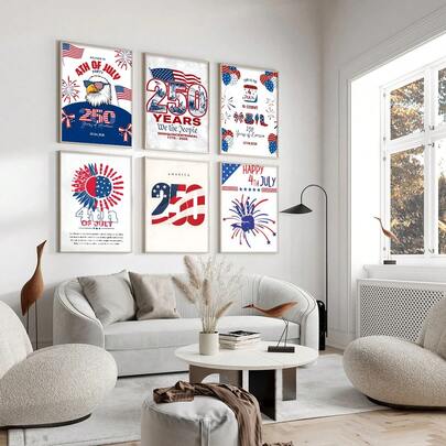 6pcs Canvas Art Wall Murals Commemorating The 250th Anniversary Of The United States, Patriotic And Inspirational Room Poster On July 4th, Home Decoration With Half Year Prints From 1776-2026 In The United States, Framed And Frameless Room Decoration Supplies, Wall Decoration For Our People's Living Rooms, Patriotic Gifts For American Veterans, Bathroom Decoration, Kitchen Decoration, Living Room Decoration, Bedroom Decoration, And University Dormitory Decoration