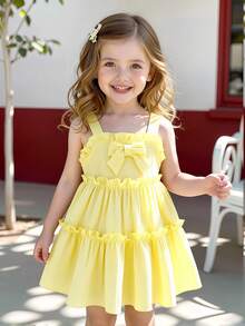Baby Girls' Spaghetti Strap Ruffle Bow A-Line Cake Dress, Suitable For Everyday Outings, Spring/Summer - Yellow - View 4