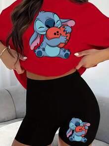 Disney Authorized Two-Piece Suit, Casual Round Neck And Short Sleeves, Showing The Stitches In "Lilo & Stitch". Disney's Genuine Authorized Theme T-Shirt Suit Is Very Suitable For Everyday Wear Or As A Gift. - 紅色 - 查看 1