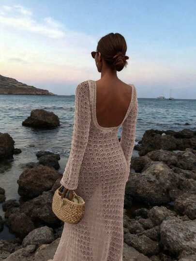 FOR BEAUTY 女士夏季新款纯色卡其色修身性感露背简约优雅针织长袖连衣裙，适合海滩、狂欢节、新年、度假、波西米亚风、性感、女士罩衫、夏季女装