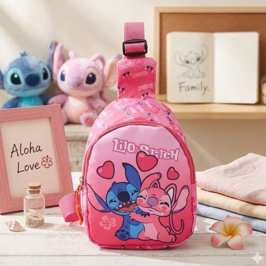 Official Stitch And Angel Crossbody Bag - Compact Multi-Pocket Chest Bag For Storing Essentials - "Lilo & Stitch" Pink Pattern Shoulder Bag - Lightweight Travel/Commute Bag Suitable For Theme Parks And Outdoor Activities - Fashionable Stitch Print - Multicolor - View 1