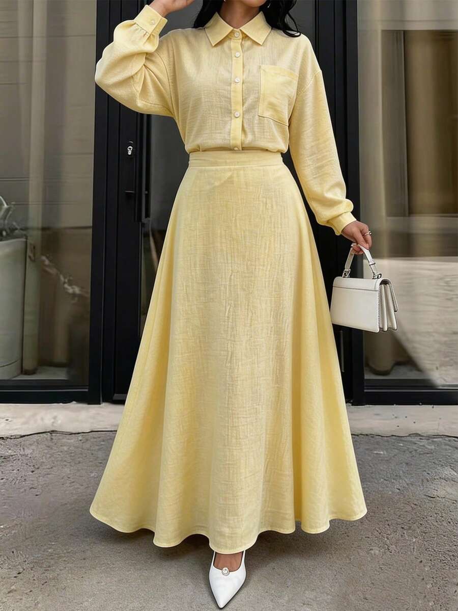Middle Eastern Vacation Casual Fashion Yellow Two Pieces Set, Without Headscarf - Yellow - View 1
