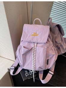 1件 5色翻蓋抽繩後背包，刺繡字母休閒風日常通勤後背包，輕量極簡編織布料，多功能多口袋肩背包，大容量學生旅行後背包 - 彩色 - 查看 5