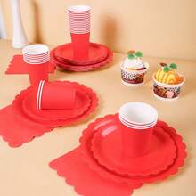 Bộ đồ dùng tiệc dùng một lần hình cánh hoa lớn màu đỏ, gồm đĩa, khăn ăn và cốc, phục vụ 16 khách, thích hợp cho sinh nhật, đám cưới, tiệc theo chủ đề, dã ngoại gia đình. - Xem 4