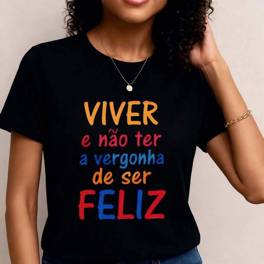 Camiseta de Mujer con Estampado Inspirador "Portugal, Viva una Vida Feliz" para Salidas Diarias, Eventos, Estilo En￩rgico y Entusiasta, Manga Corta, Estilo Positivo- 1pcs, 180Gsm, 100% Cotton - Negro - Ver 1