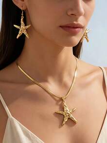 Set 2pcs/Set Anting dan Kalung Bintang Laut Berlapis Emas dengan Tekstur Segar Laut, Perhiasan Elegan untuk Pesta Pantai dan Liburan - Yellow Gold - View 4