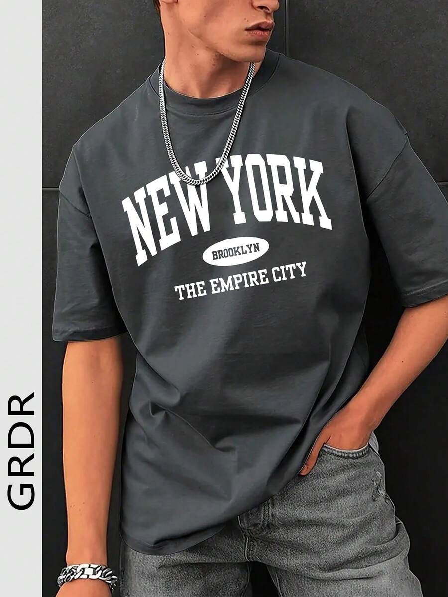 GRDR Men's Retro American College Style Simple Printed Washed Short Sleeve T-Shirt, Suitable For Summer Wear, Comfortable & Breathable, Leading Fashion - Dark Grey - View 1