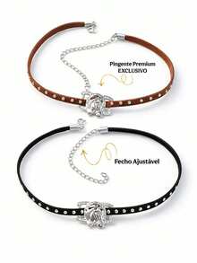 Women's Adjustable Leather Choker With Horseshoe Pendant And Spikes, Black And Brown, Cowgirl Style - 鏽棕色 - 查看 5
