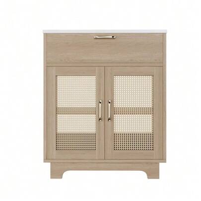 Freestanding Vanity Unit 76 X 46 X 88 Cm, Moisture-Resistant, With Lift-Up Drawers And Soft-Close Doors, Tall Legs With Rattan Details, Ceramic Basin, Natural Finish