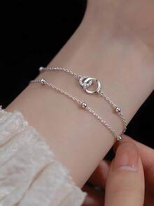 GAGAFEEL 1pc 925 Sterling Silver Fashionable & Elegant Geometric Double Circle Cubic Zirconia Chain Bracelet, Everyday Wear & Friendship Party Gift For Women - Silver - View 1