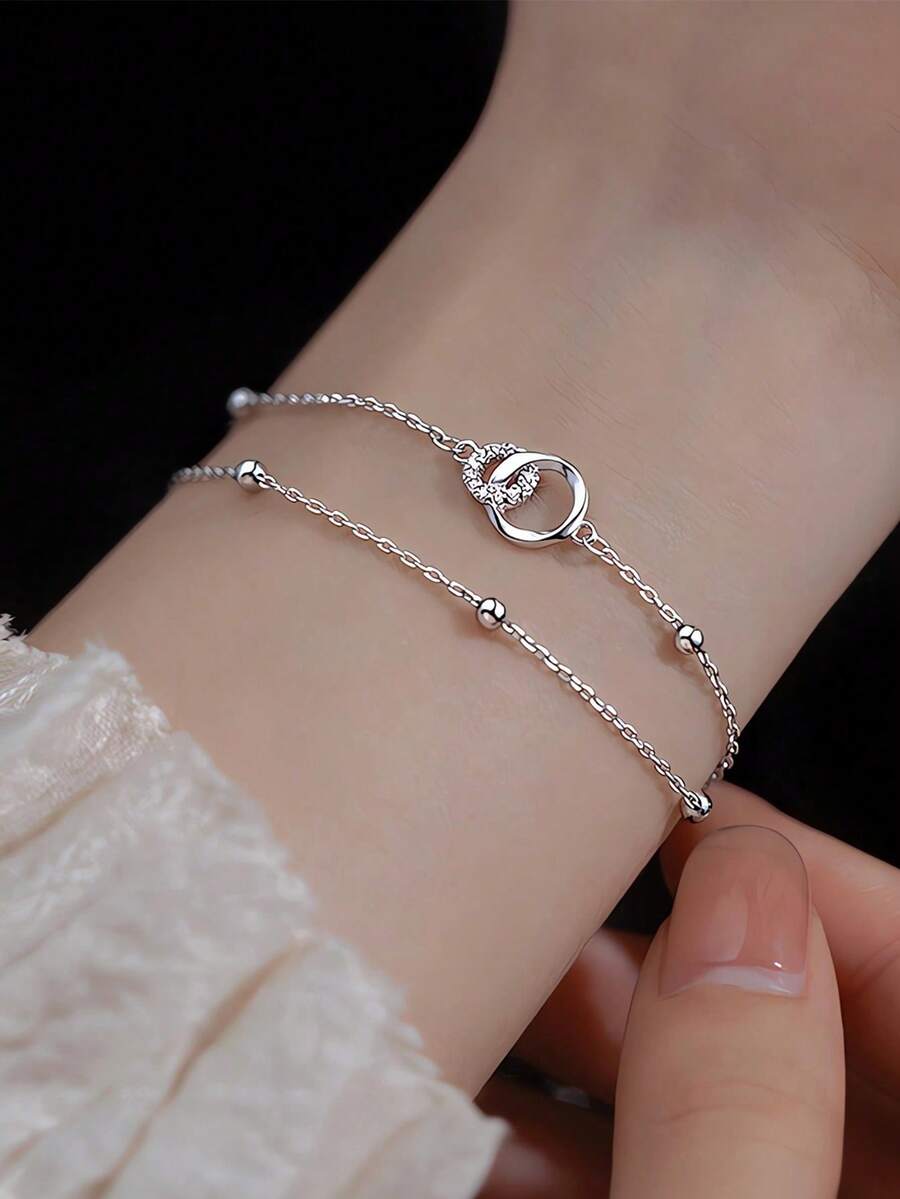 GAGAFEEL 1pc 925 Sterling Silver Fashionable & Elegant Geometric Double Circle Cubic Zirconia Chain Bracelet, Everyday Wear & Friendship Party Gift For Women - Silver - View 1