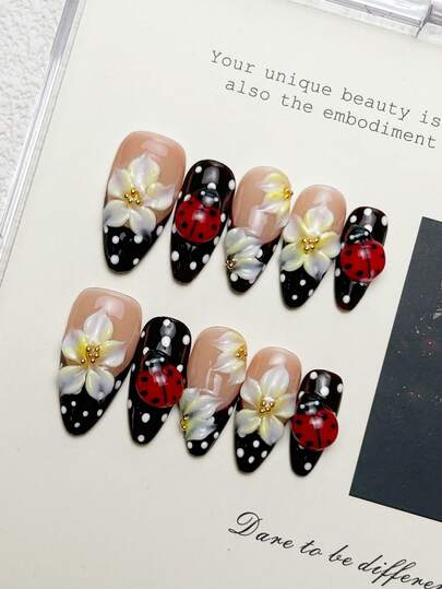 10片手工美甲，杏仁形美甲，中号，西式裸粉色、棕色美甲，棕色法式美甲，手绘波点3D雕刻花朵浮雕美甲，瓢虫小珍珠镶嵌美甲饰品，欧美风优雅奢华春季美甲，Y2K哥特风，夏季DIY美甲，适合派对、日常、约会、海滩、热带度假等场合，可重复使用，送给女性和女孩的美甲用品