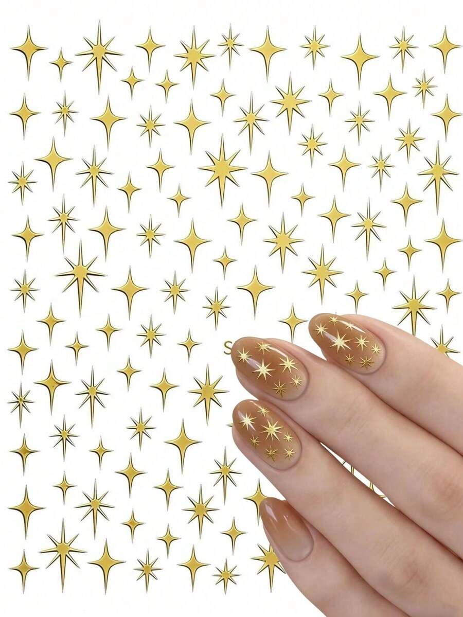 1片ins风金箔星星美甲贴纸！3D金属八角星设计，法式美甲百搭必备，轻松打造奢华闪耀氛围，美甲装饰必备单品 - 彩色 - 查看 1