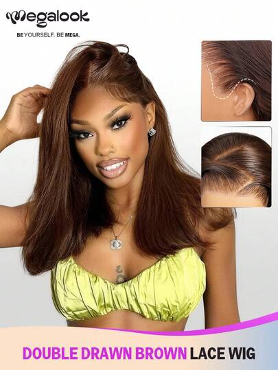 MEGALOOK Upgrade 13x6 Lace Front Wig 100% Human Hair Wigs Straight Wave Chocolate Brown Glueless Wig With Drawstring Transparent Lace Pre Bleached & Pre Plucked Hairline Hair Wig Durable & Long-Lasting Lightweight Cap All-Day Comfort Minimal Shedding For Daily Use